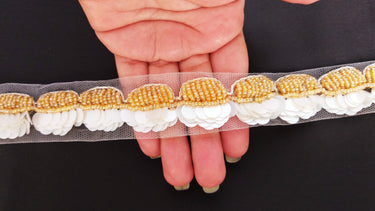White Net Lace With Off White Sequins and Gold Beads, Scallop Trim, Exclusive Laces